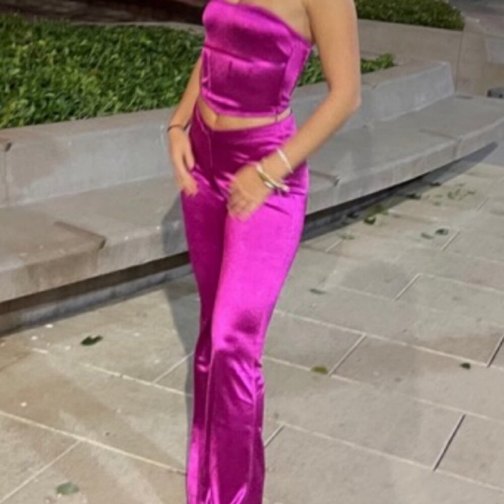 I AM GIA Fuchsia Satin Strapless Bustier Top Flare Pants Two Piece Set - Small